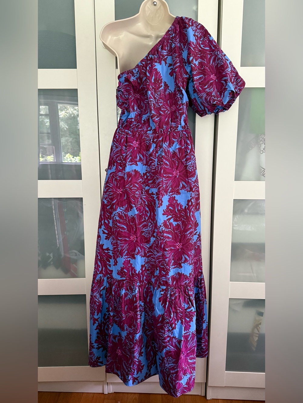 Lilly Pulitzer One-Shoulder Blue & Plum Floral Maxi Dress 12 - No Belt - Picture 4 of 8